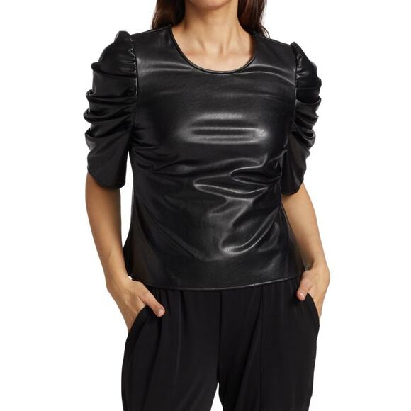NWT $295 Cinq à Sept Erin Vegan Leather Top Women Sz XS Black Ruched Puff Sleeve - Picture 1 of 10